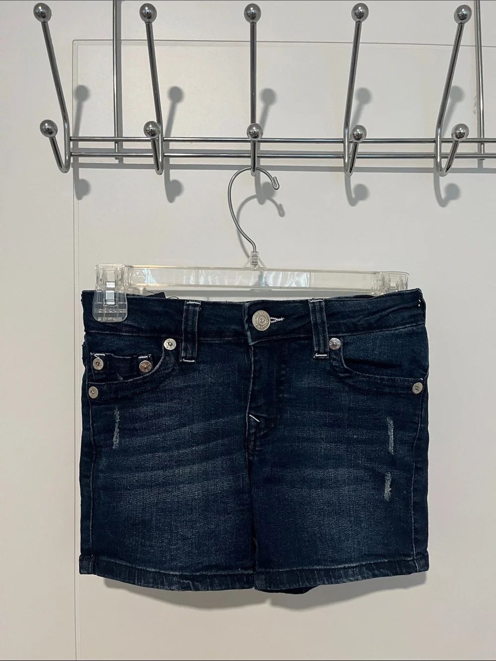 True Religion Halle Mid Rise Super Skinny Blue Distressed Pockets Shorts